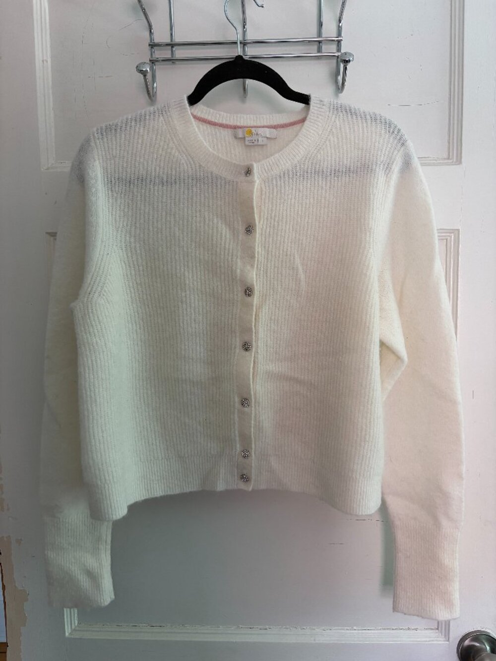 Women's Large BODEN Ivory Cardigan Sweater with Rhinestone buttons